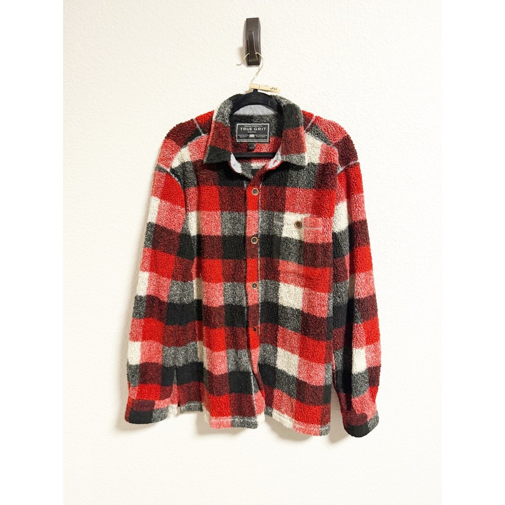 True Grit Plaid Fleece Shirt Jacket Long Sleeve Button Up Red Black Cream Large